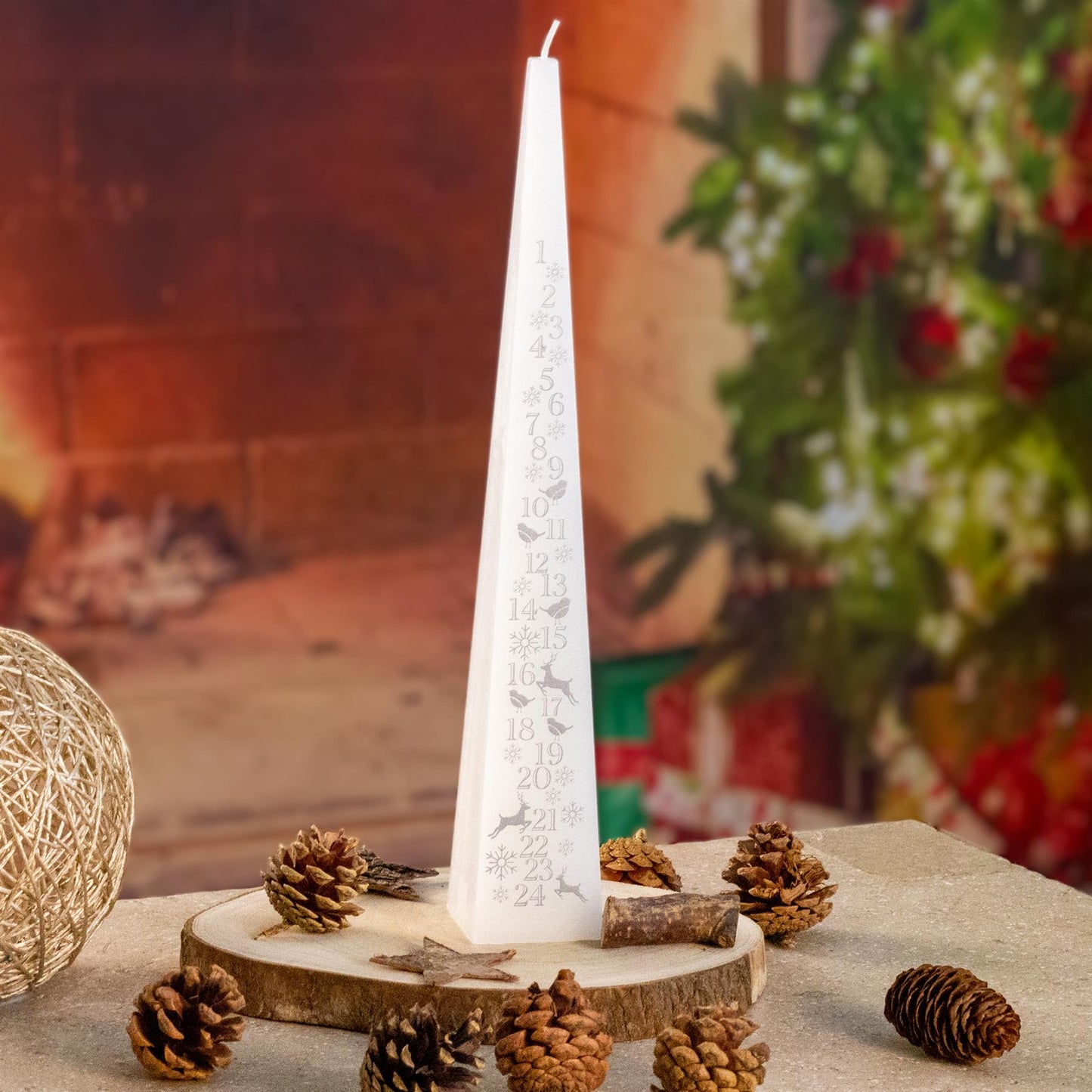 Large Traditional White & Silver Countdown To Christmas Pyramid Advent Candle