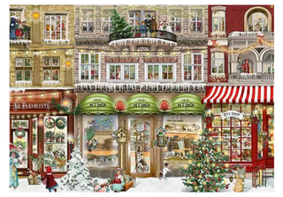 Traditional Victorian Advent Calendar with an illustration of a festive shop parade and Christmas trees and children in the snow