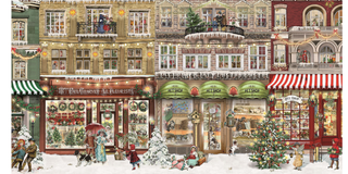 A classic Victorian style paper advent calendar with an illustration of a festive street depicting shops and people in winter clothing.