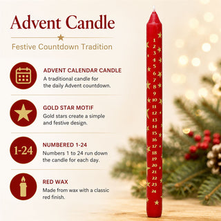 Red Christmas Advent Candle, Festive Gold Star Countdown Dinner Candle