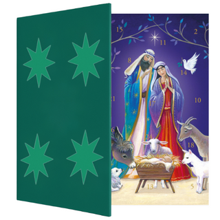 An illustration of a classic Advent calendar door, partially opened to reveal one of The Advent Calendar Shop's new 2025 Nativity advent calendars. 