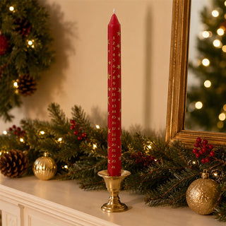 Red Christmas Advent Candle, Festive Gold Star Countdown Dinner Candle