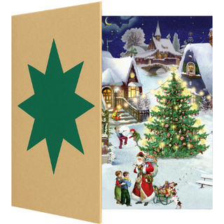 An gold coloured Advent Calendar door with a green star motif. The advent door is partially open, revealing behind, a picture of Santa Claus and children in a snowy village scene