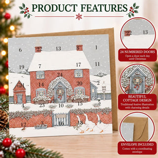 Christmas Cottage Advent Calendar Greetings Card, 16cm Snowy Cottage 24 Doors