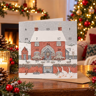 Christmas Cottage Advent Calendar Greetings Card, 16cm Snowy Cottage 24 Doors