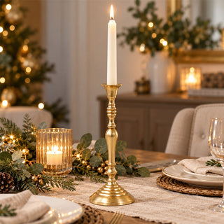 Antique Gold Metal Candlestick Holder, 29cm Vintage Brass Effect Taper Candle