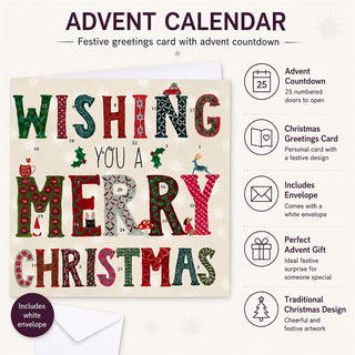 Christmas Advent Calendar Card, Merry Christmas Greetings Card with Envelope