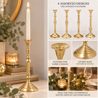 Antique Gold Metal Candlestick Holder, 29cm Vintage Brass Effect Taper Candle