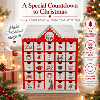 Wooden Fill Your Own Advent Calendar, Holly & Alfie Mice, House Shaped