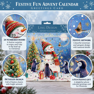 Festive Fun Christmas Advent Calendar Greetings Card, Snowman & Penguins
