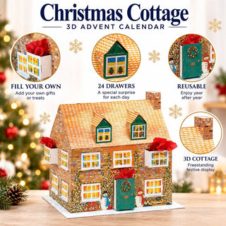 Fill Your Own 3D Cottage Christmas Advent Calendar, Reusable 24 Drawer Design