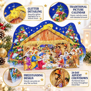 Freestanding Nativity Advent Calendar, 36cm Glitter Christmas Story Calendar