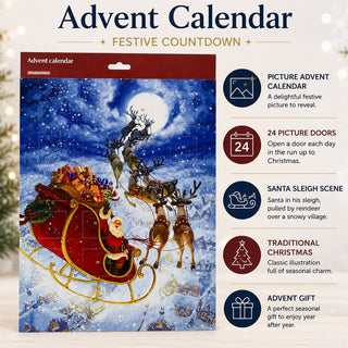 Santa Over the Rooftops Christmas Advent Calendar, 41cm Traditional Santa Scene