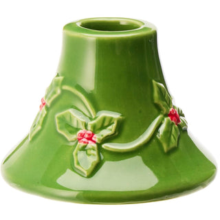Set of 2 Green Ceramic Christmas Candlesticks | Holly and Berry Candle Holders